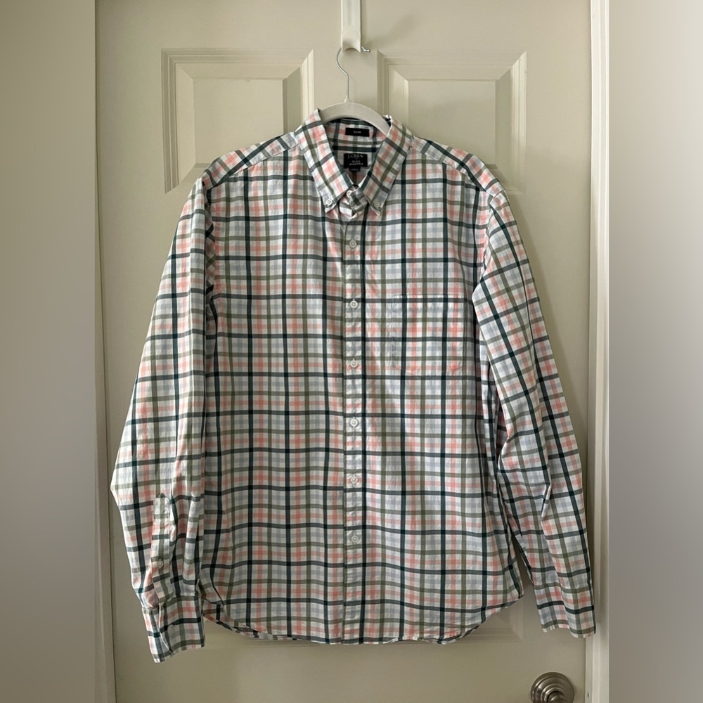 Men’s J.Crew Flex Washed Plaid Long Sleeve button down shirt cotton Elastane L